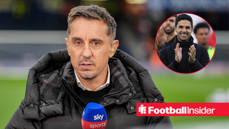 Gary Neville on commentary duty for Sky Sports with Mikel Arteta in a circular inset.