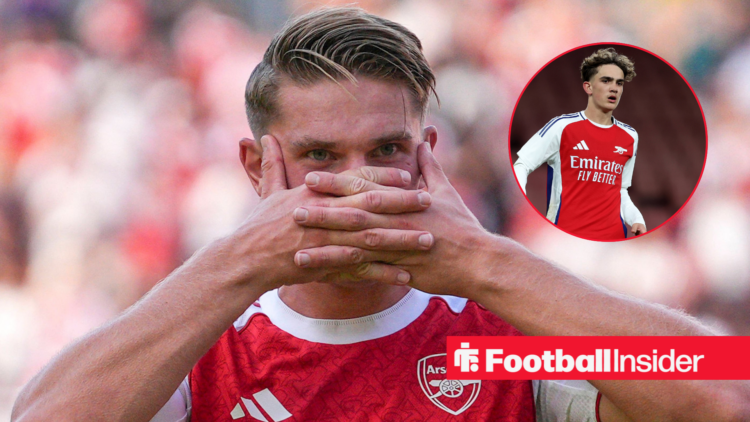 Viktor Gyokeres celebrating after scoring for Arsenal with Max Dowman in a circular inset.
