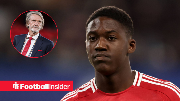 Kobbie Mainoo in a Man United kit with Sir Jim Ratcliffe in a circular inset.