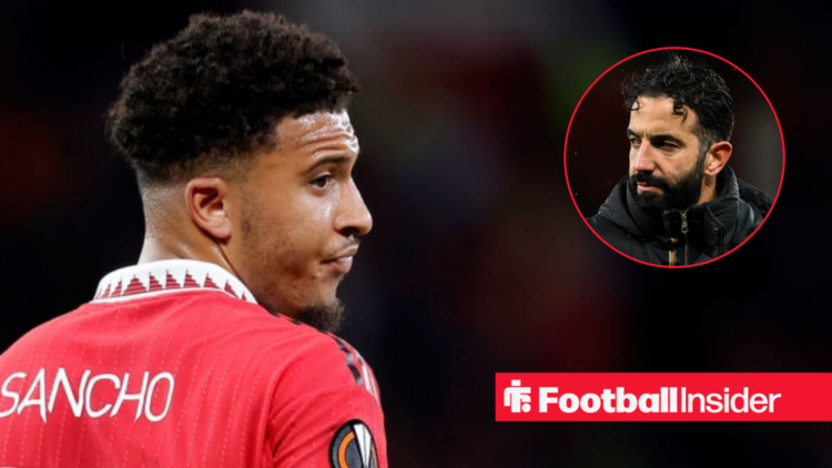 Man United winger Jadon Sancho looks across at Ruben Amorim