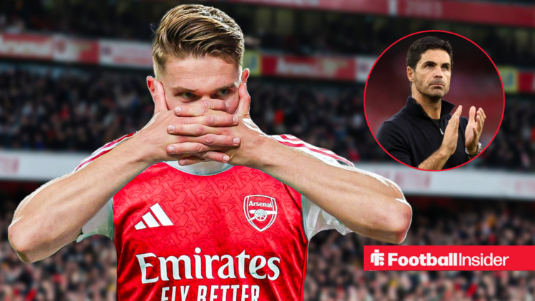 Viktor Gyokeres wearing the Arsenal kit doing his trademark celebration with Mikel Arteta also in shot.