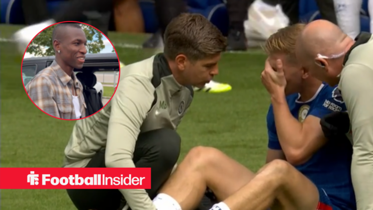 Liam Delap covers his face after pulling his hamstring, Nicolas Jackson in Munich in a circular inset