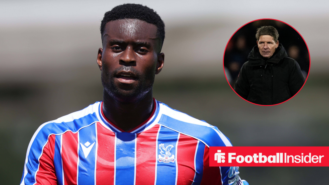 Marc Guehi in action for Crystal Palace with Oliver Glasner on the touchline in a circular inset.