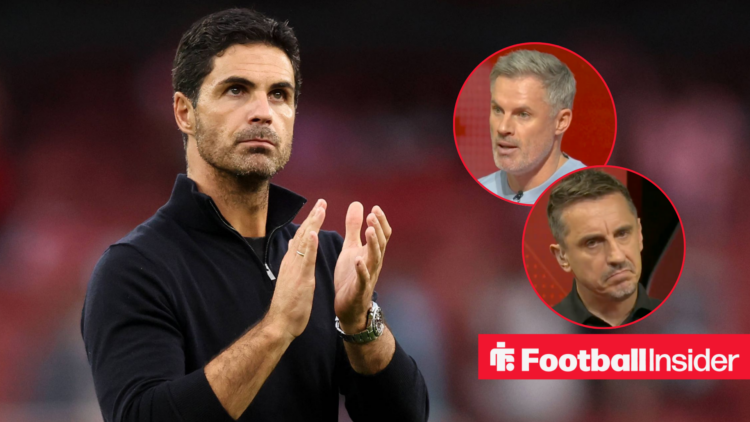 Mikel Arteta clapping fans on the touchline with Gary Neville and Jamie Carragher in two circular insets.
