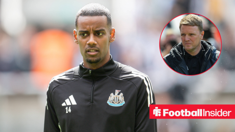 Alexander Isak warming up for Newcastle United with Eddie Howe in a circular inset.