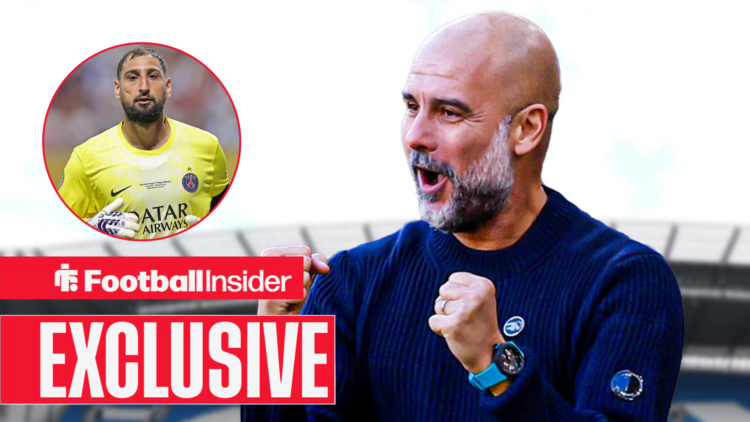 Pep Guardiola celebrating, Gianluigi Donnarumma in a circular inset.