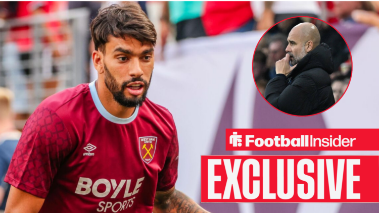 Lucas Paqueta in action for West Ham as Pep Guardiola looks on in circular inset