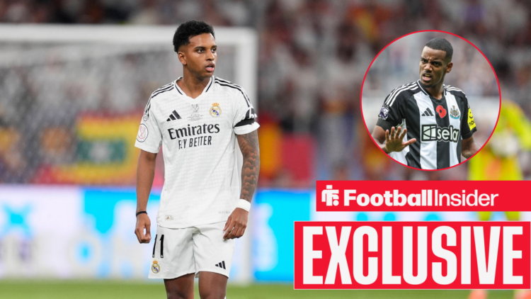 Rodrygo in action for Real Madrid with Alexander Isak in a circular inset.