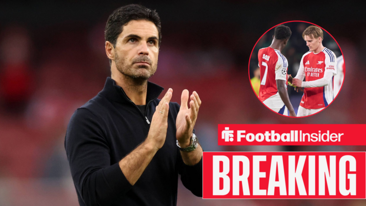 Mikel Arteta applauding Arsenal fans with Bukayo Saka and Martin Odegaard in a circular inset.
