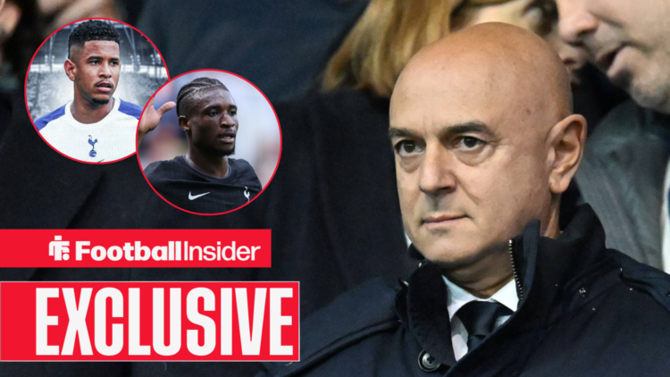 Daniel Levy looks on from the Tottenham stands at Savinho and Mohammed Kudus in circular insets