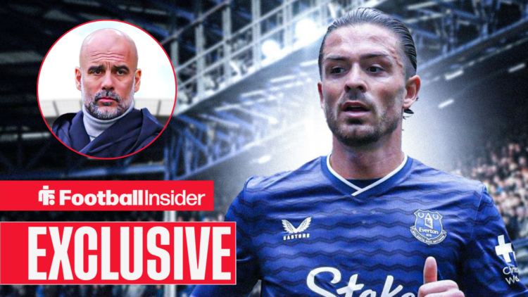 Jack Grealish in action for Everton as Pep Guardiola looks on