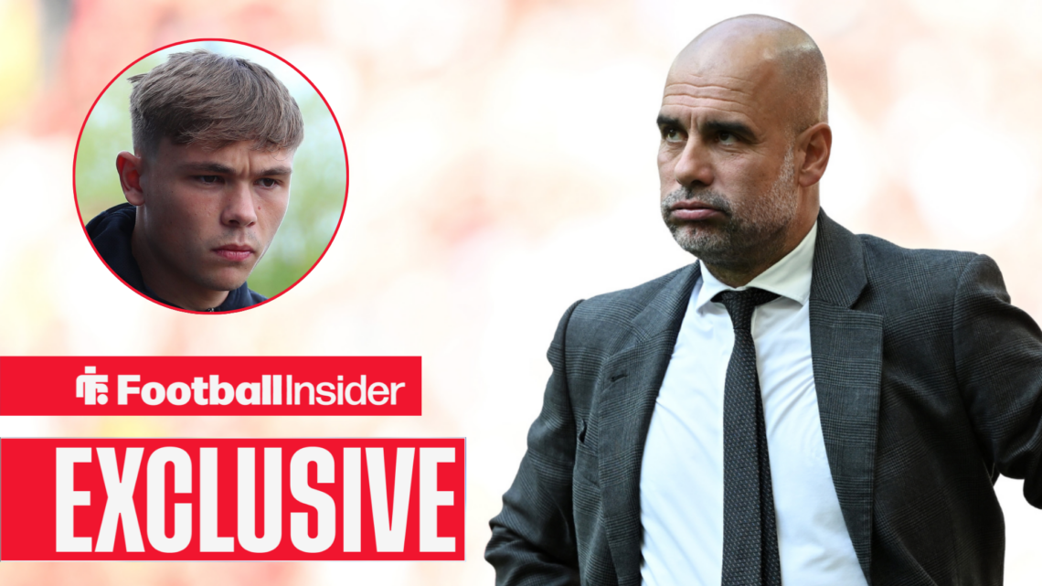 Pep Guardiola looks on at Wrexham's new defender Callum Doyle in a circular inset