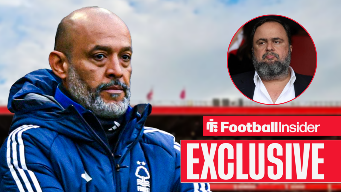 Nuno Espirito Santo looks across at Nottingham Forest owner Evangelos Marinakis in a circular inset