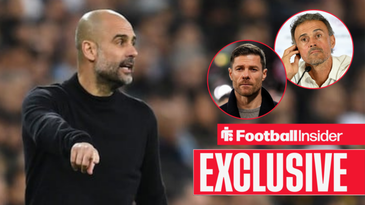 Pep Guardiola on the Etihad touchline as Xabi Alonso and Luis Enrique look on from circular insets