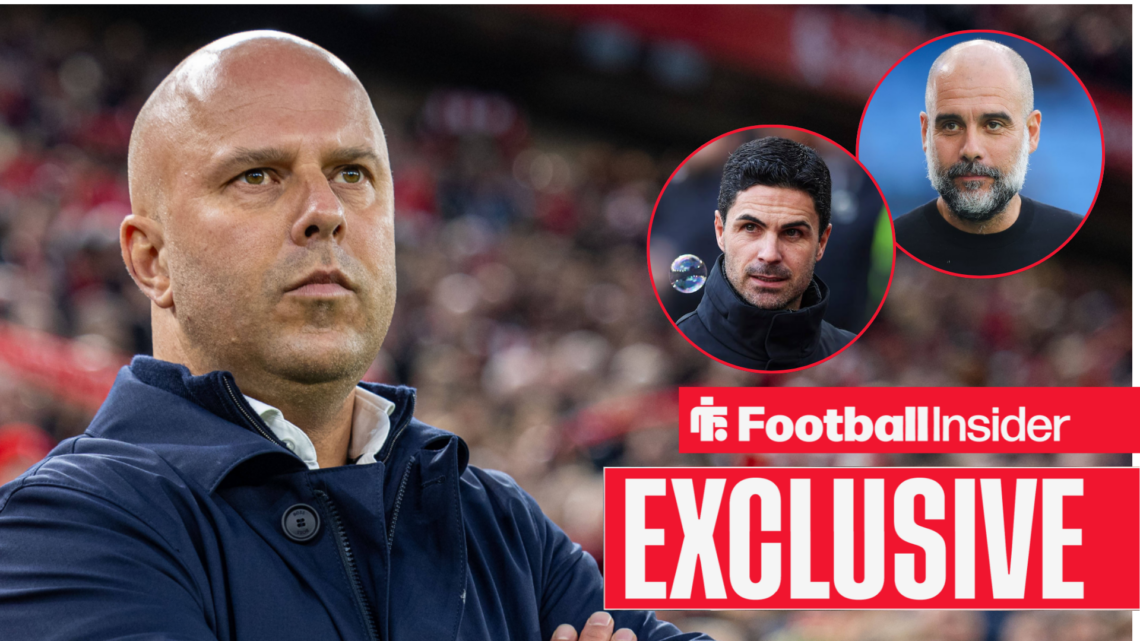 Arne Slot looks on at Arsenal boss Mikel Arteta and Man City boss Pep Guardiola in circular insets