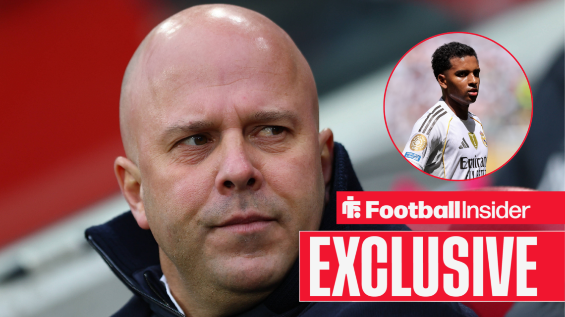 Arne Slot in the Anfield dugout with Rodrygo in a circular inset.