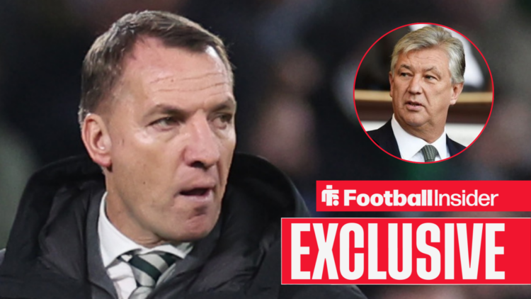 Celtic boss Brendan Rodgers looks at chairman Peter Lawwell in a circular inset