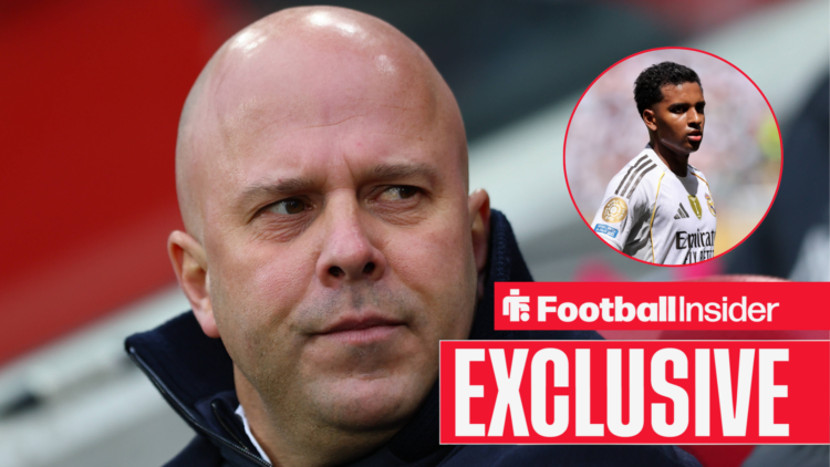 Arne Slot in the Anfield dugout with Rodrygo in a circular inset.