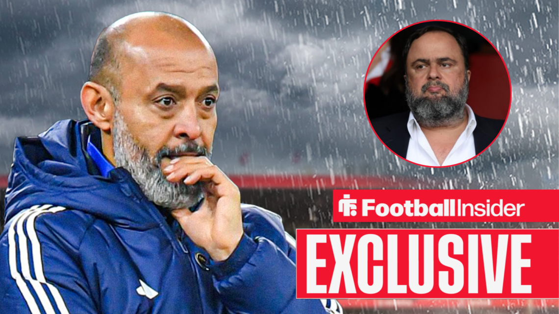 Nuno Espirito Santo looks nervously at Evangelos Marinakis in a circular inset