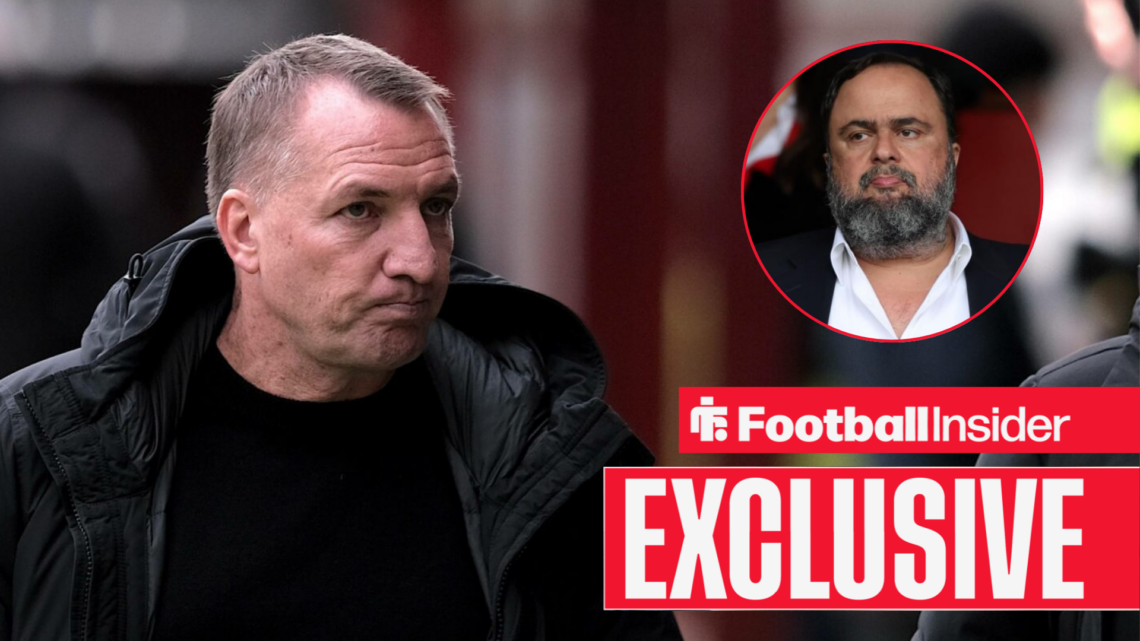 Brendan Rodgers looks across at Nottingham Forest owner Evangelos Marinakis in a circular inset