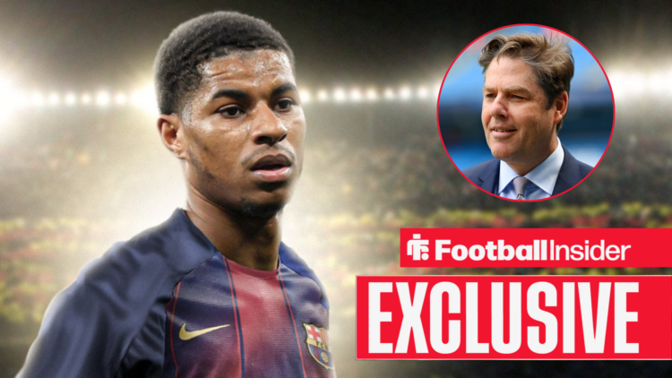 Marcus Rashford in action for Barcelona as Premier League CEO Richard Masters looks on from a circular inset