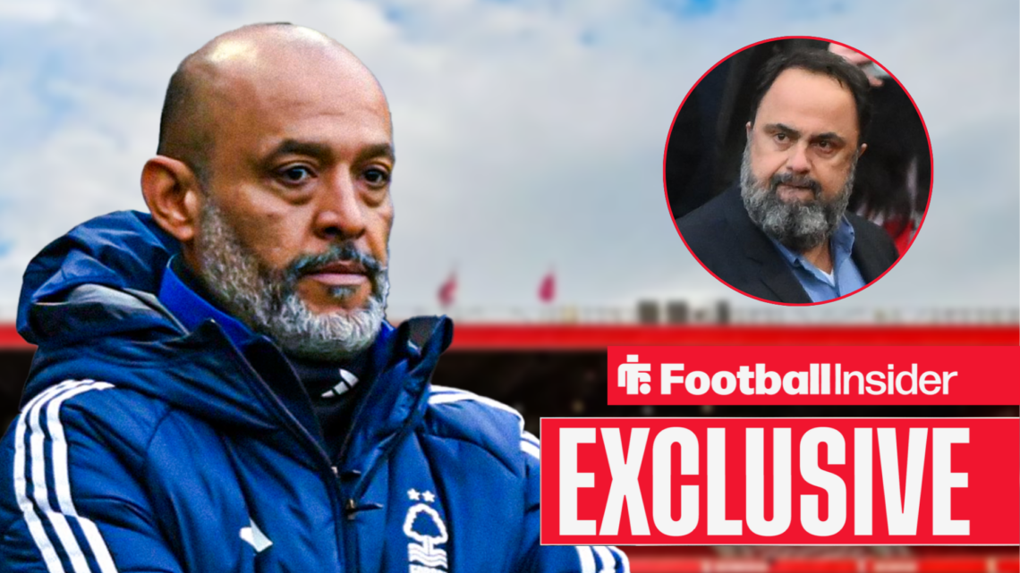 Nuno Espirito Santo looks across at Evangelos Marinakis in a circular inset
