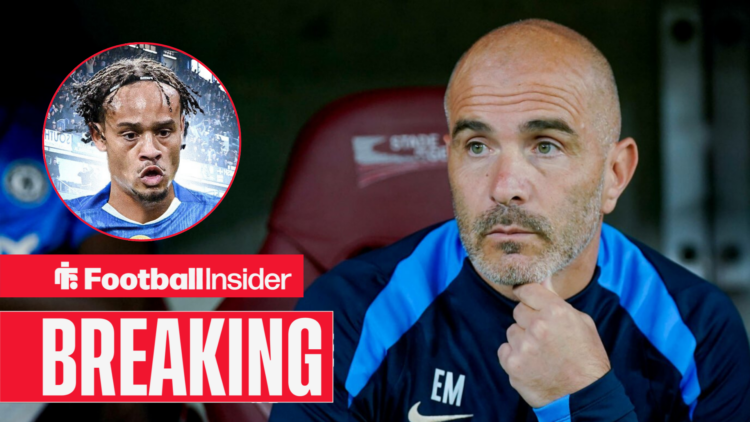 Enzo Maresca sat in the Chelsea dugout, Xavi Simons in a circular inset