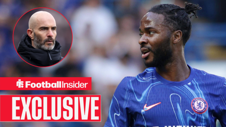 Raheem Sterling looks at Chelsea manager Enzo Maresca in circular inset