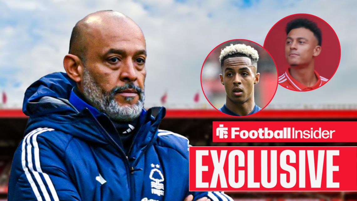 Nuno Espirito Santo looks on from Nottingham Forest touchline at Omari Hutchinson and Dan Ndoye in circular insets