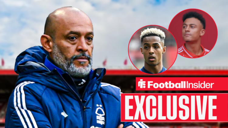 Nuno Espirito Santo looks on from Nottingham Forest touchline at Omari Hutchinson and Dan Ndoye in circular insets