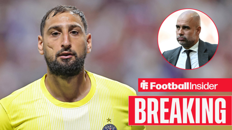 Gianluigi Donnarumma in action for PSG as Man City boss Pep Guardiola looks on from circular inset