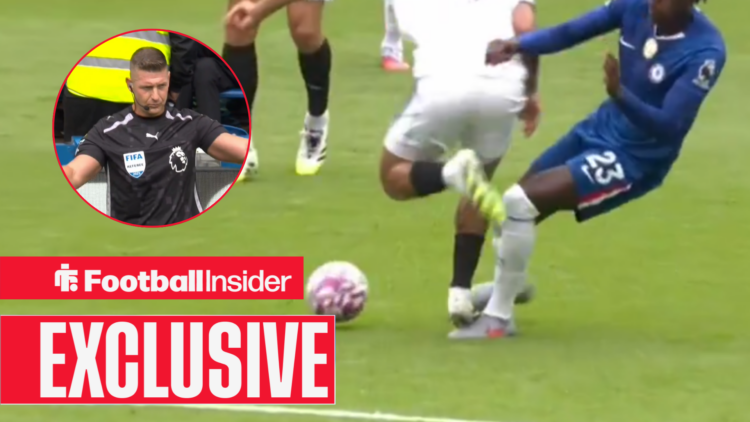 Referee Rob Jones in a circular inset disallows Fulham goal after Rodrigo Muniz stamp on Trevoh Chalobah
