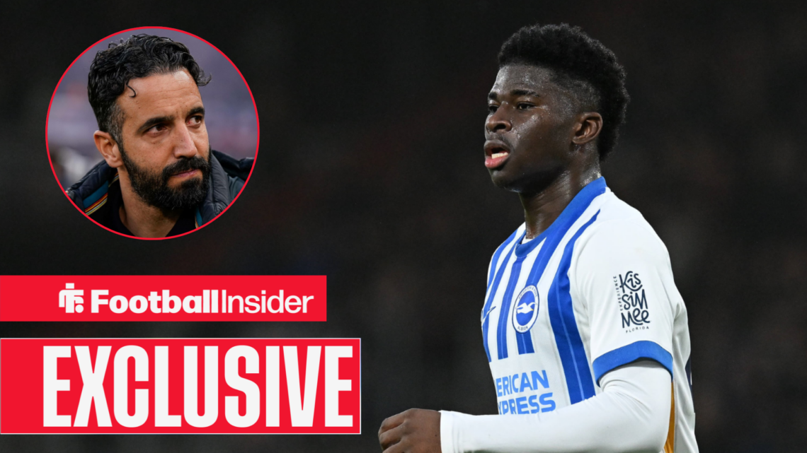 Brighton midfielder Carlos Baleba in action as Ruben Amorim looks on from circular inset