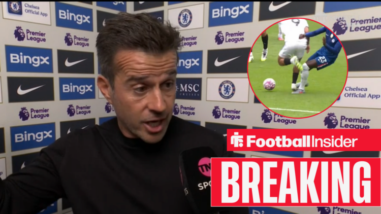 Marco Silva rages in a post-match interview, Rodrigo Muniz's stamp on Trevoh Chalobah in a circular inset