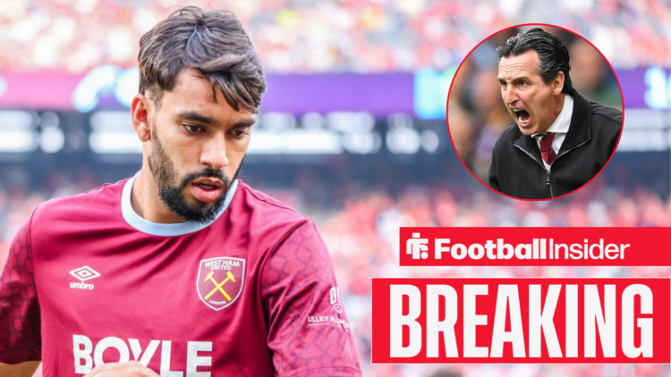 Lucas Paqueta in action for West Ham, Unai Emery shouts from a circular inset