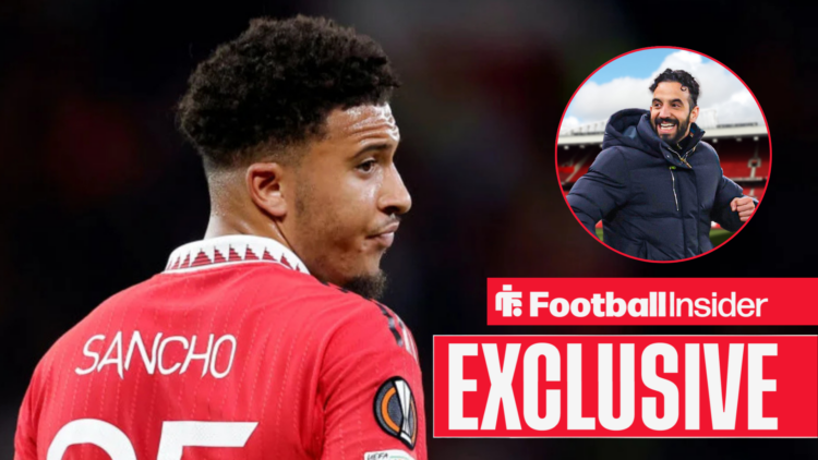 Jadon Sancho in Man United kit, Ruben Amorim in a circular inset.