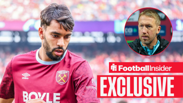 Lucas Paqueta in action for West Ham as Graham Potter looks on in circular inset