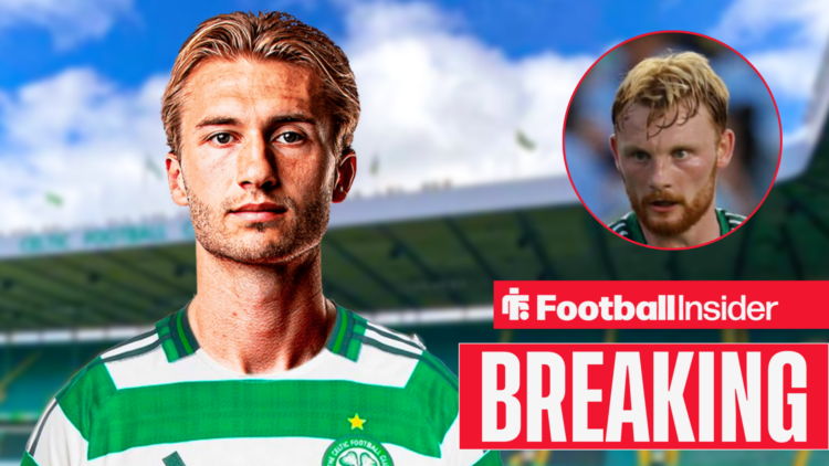 Benjamin Nygren poses in a Celtic shirt as Liam Scales looks on from a circular inset