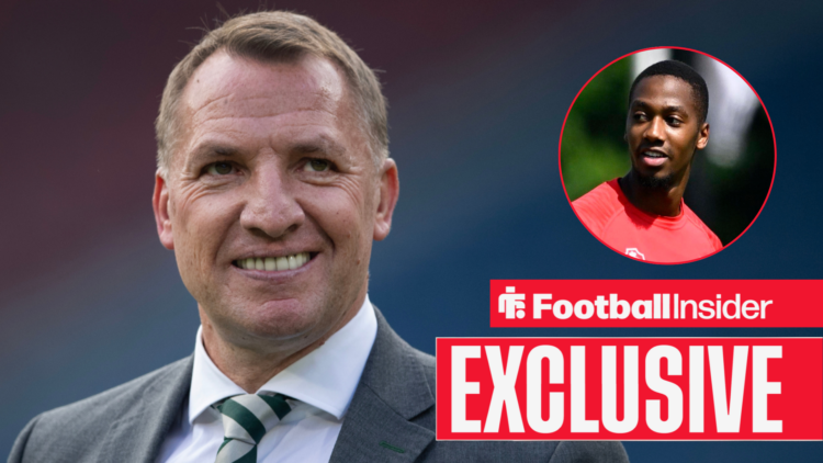 Brendan Rodgers smiling, Michel-Ange Balikwisha in a circular inset.