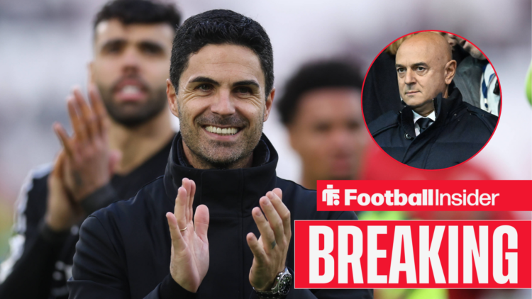 Mikel Arteta applauding Arsenal fans with Daniel Levy looking disappointed in a circular inset.