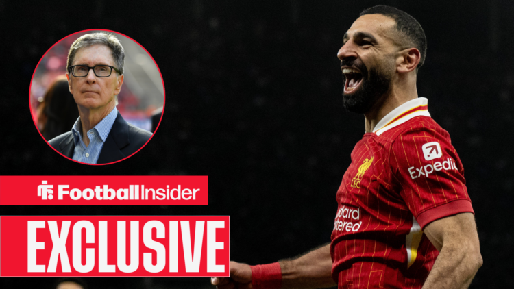 Mo Salah celebrating a goal for Liverpool with FSG owner John Henry in a circular inset.