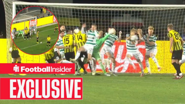 Daizen Maeda handballs in Celtic's box, Kairat Almaty's free kick in a circular inset