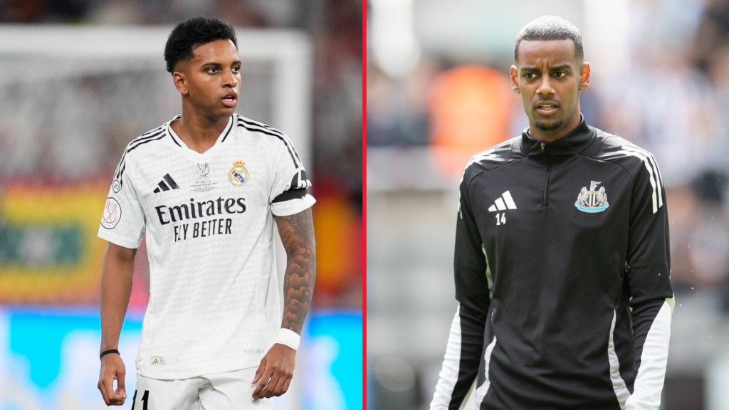 Rodrygo in action for Real Madrid on the left with Alexander Isak in Newcastle United's training kit on the right.