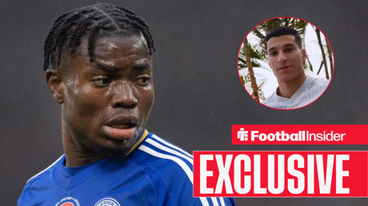 Leicester's Abdul Fatawu, in action looking at Salzburg's Adam Daghim who is posing for a photo in the inset