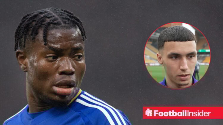 An image of Leicester City star Abdul Fatawu alongside a headshot of teammate Bilal El Khannouss