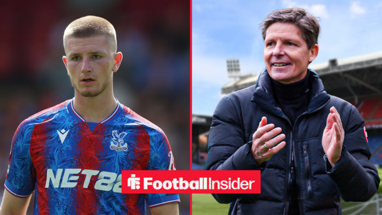 Adam Wharton in a Crystal Palace home shirt next to an image of Oliver Glasner applauding