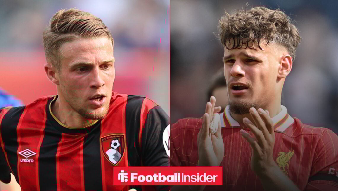 Adrien Truffert in a red and black Bournemouth kit running on the left with Milos Kerkez in a red Liverpool kit clapping on the right