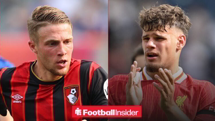 Adrien Truffert in a red and black Bournemouth kit running on the left with Milos Kerkez in a red Liverpool kit clapping on the right
