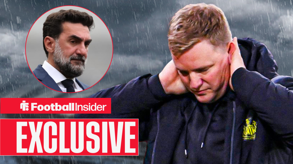 Eddie Howe looks dejected with Yasir Al-Rumayyan in a circular inset with an exclusive news banner