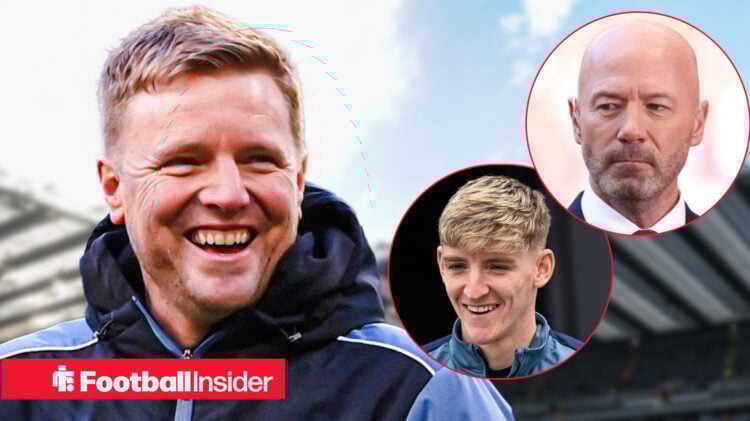Eddie Howe smiling with Anthony Gordon and Alan Shearer